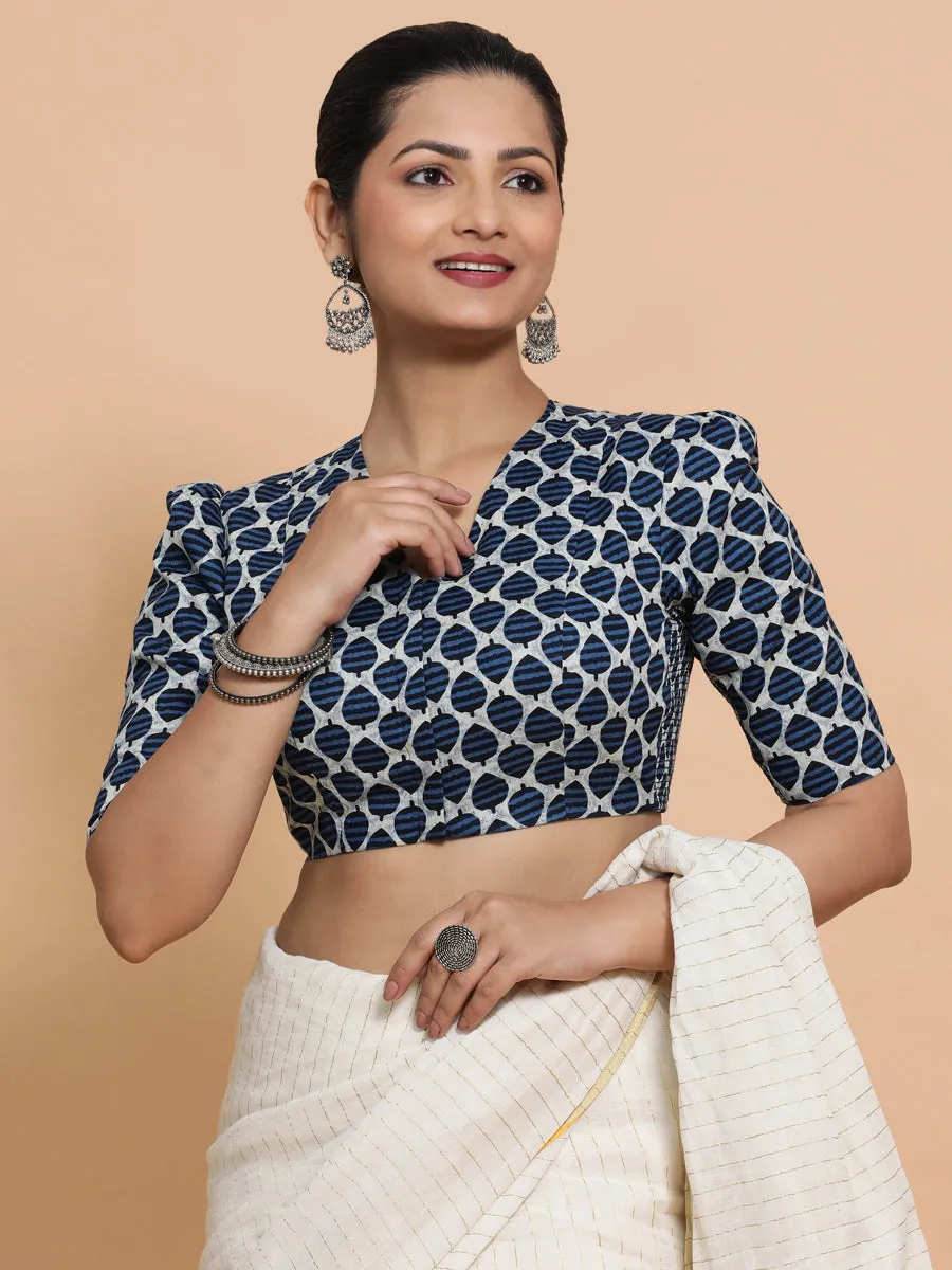 Payal x Rozaana | Elbow Sleeves Cotton Saree Blouse in Indigo Blue Leaf Block Print Fabric