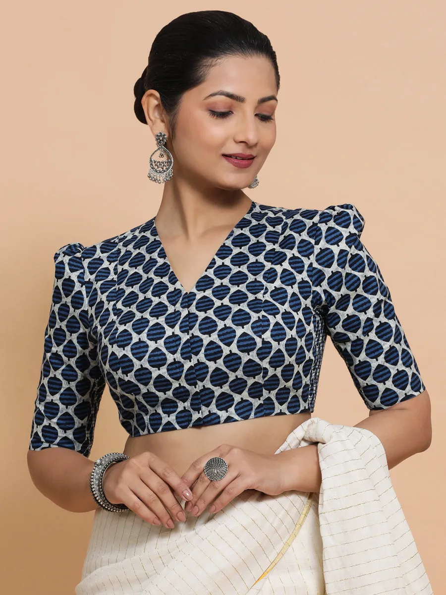 Payal x Rozaana | Elbow Sleeves Cotton Saree Blouse in Indigo Blue Leaf Block Print Fabric