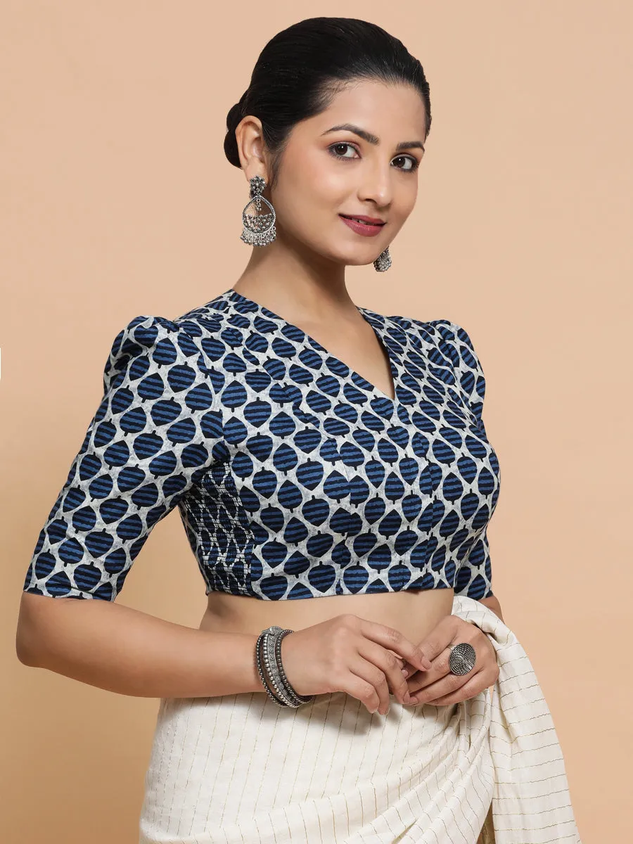 Payal x Rozaana | Elbow Sleeves Cotton Saree Blouse in Indigo Blue Leaf Block Print Fabric