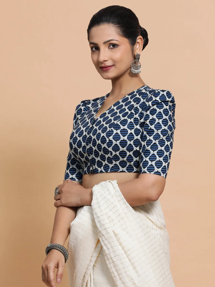 Payal x Rozaana | Elbow Sleeves Cotton Saree Blouse in Indigo Blue Leaf Block Print Fabric