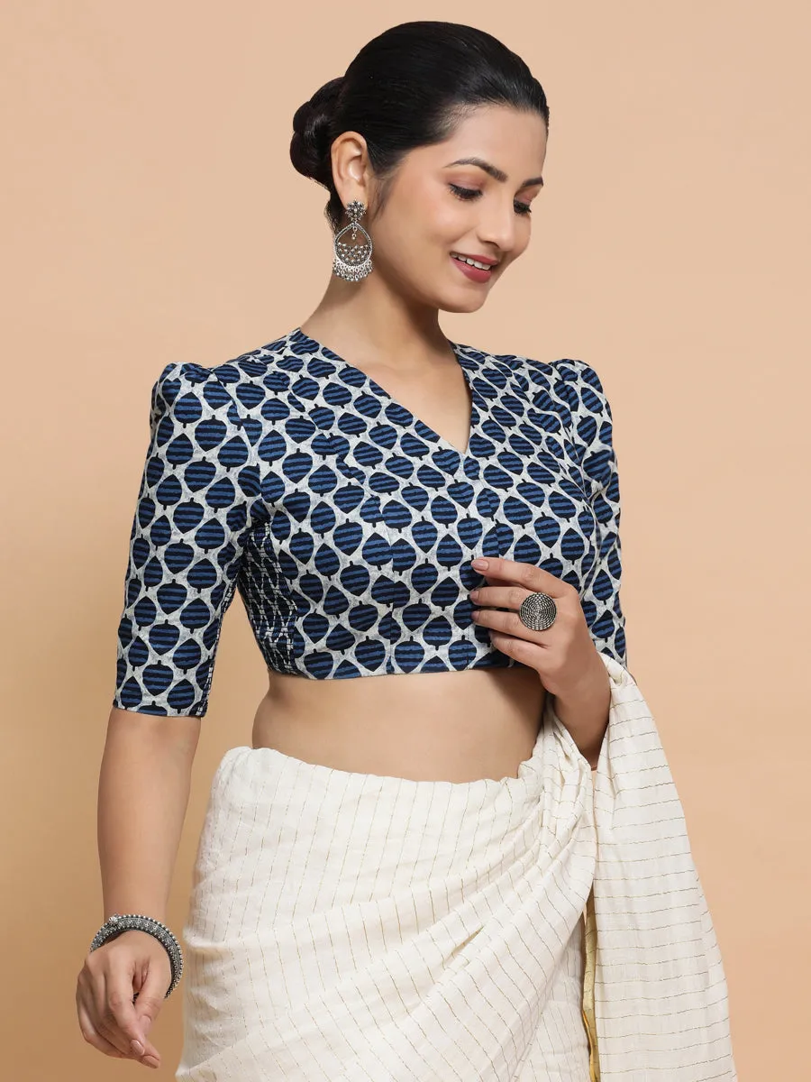 Payal x Rozaana | Elbow Sleeves Cotton Saree Blouse in Indigo Blue Leaf Block Print Fabric
