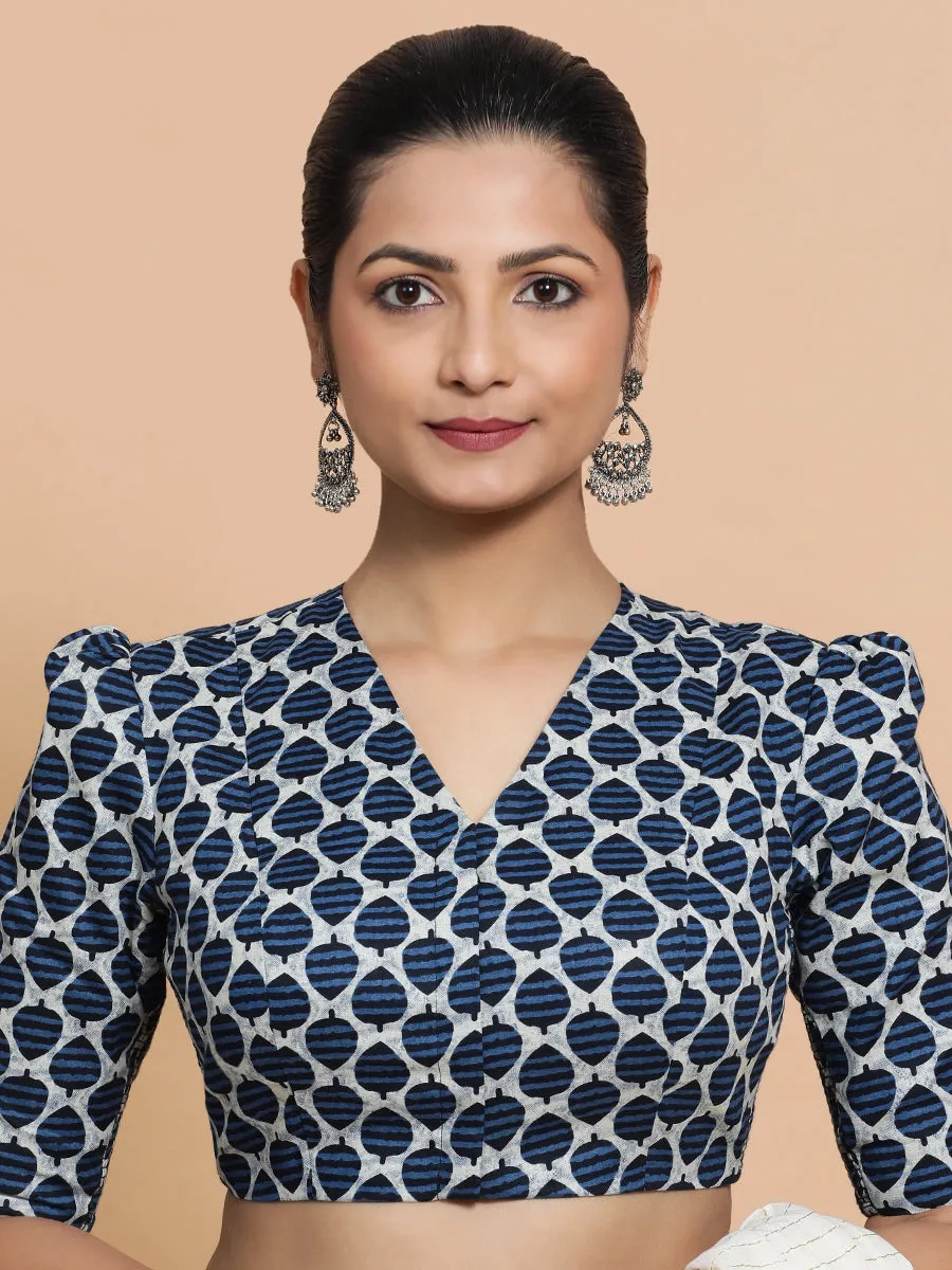 Payal x Rozaana | Elbow Sleeves Cotton Saree Blouse in Indigo Blue Leaf Block Print Fabric