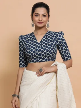 Payal x Rozaana | Elbow Sleeves Cotton Saree Blouse in Indigo Blue Leaf Block Print Fabric