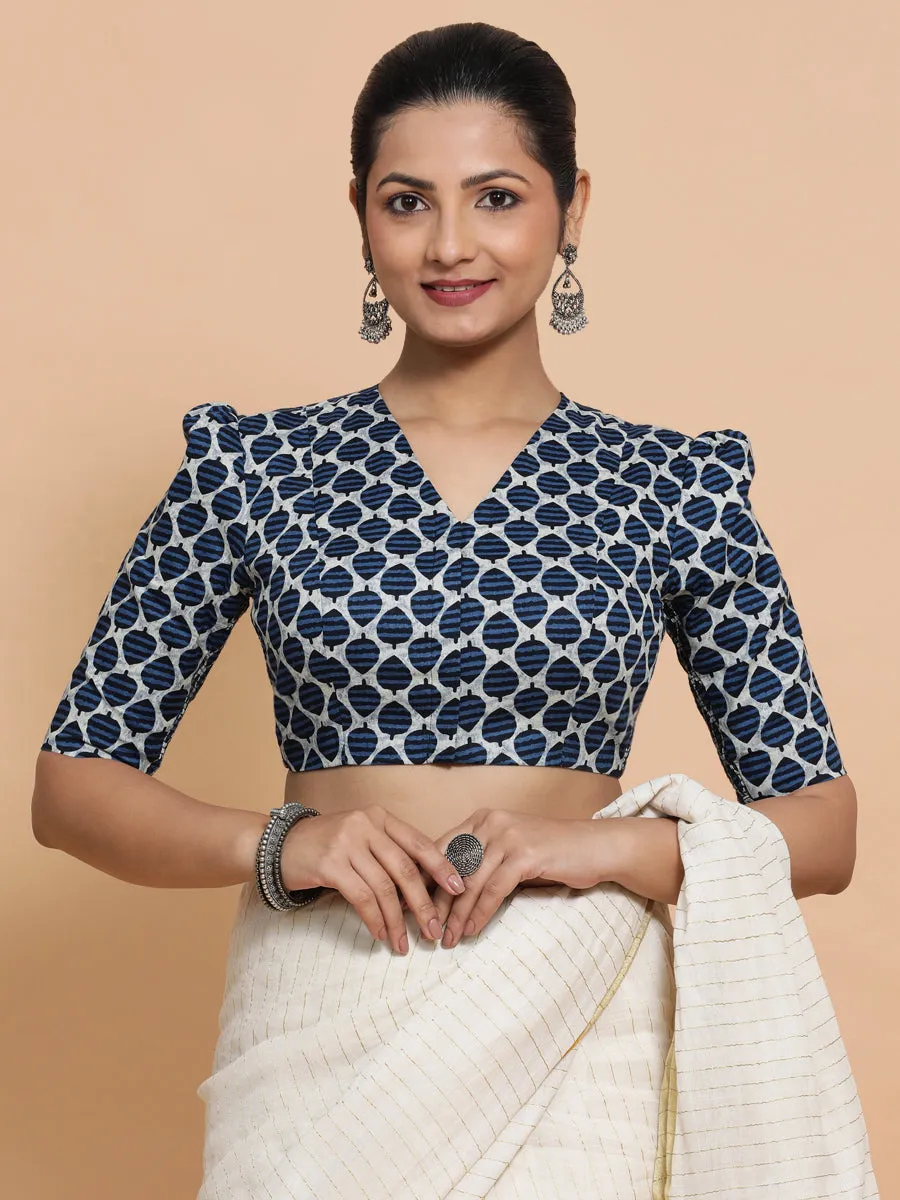 Payal x Rozaana | Elbow Sleeves Cotton Saree Blouse in Indigo Blue Leaf Block Print Fabric