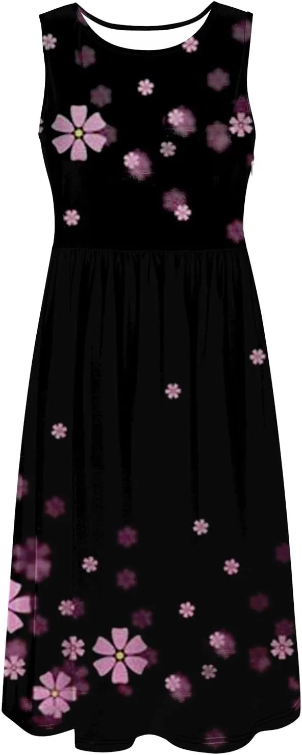 Plus Size Boho Dress Women's Spring/Summer Flower Printed Casual Tank Top Pockets Beach Casual Dress Cotton Midi