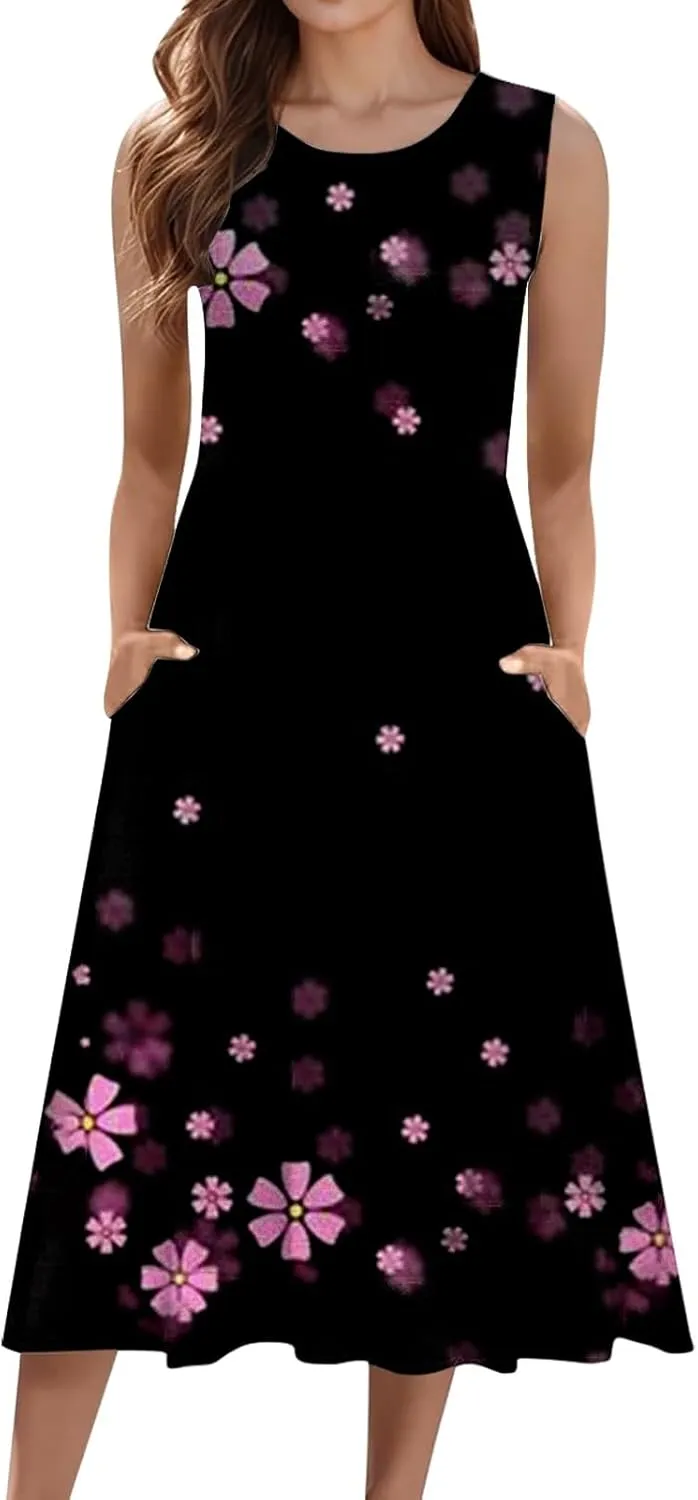 Plus Size Boho Dress Women's Spring/Summer Flower Printed Casual Tank Top Pockets Beach Casual Dress Cotton Midi