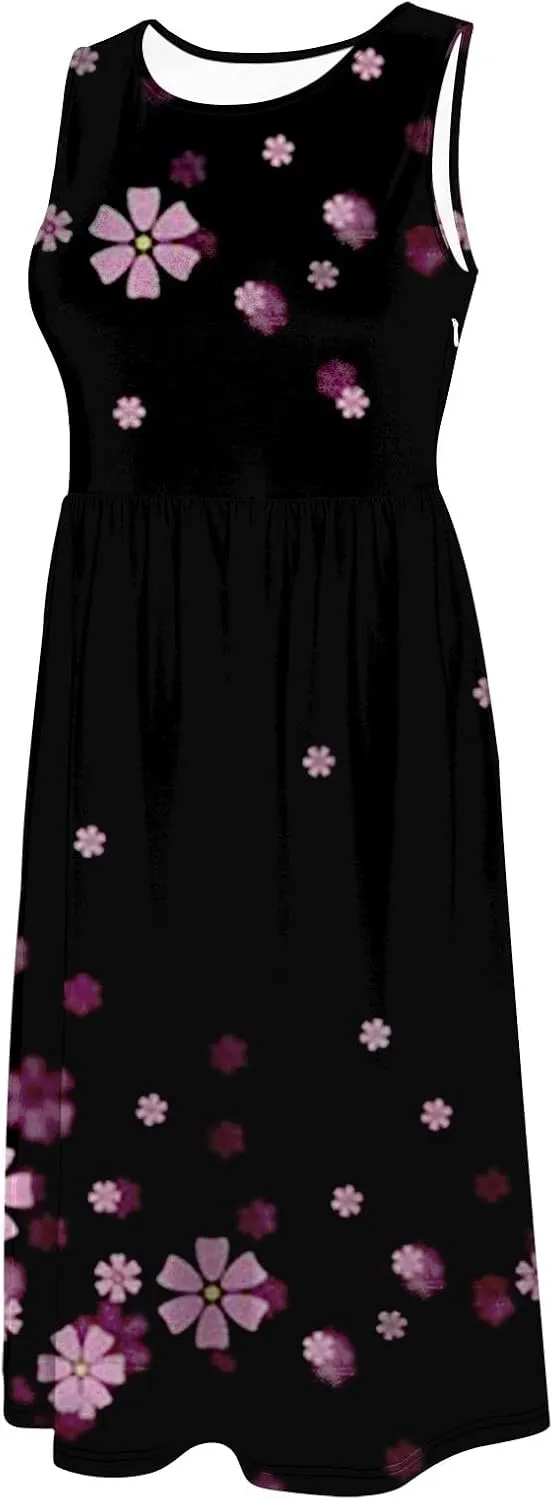 Plus Size Boho Dress Women's Spring/Summer Flower Printed Casual Tank Top Pockets Beach Casual Dress Cotton Midi
