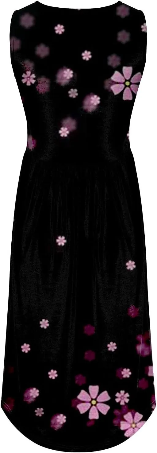 Plus Size Boho Dress Women's Spring/Summer Flower Printed Casual Tank Top Pockets Beach Casual Dress Cotton Midi
