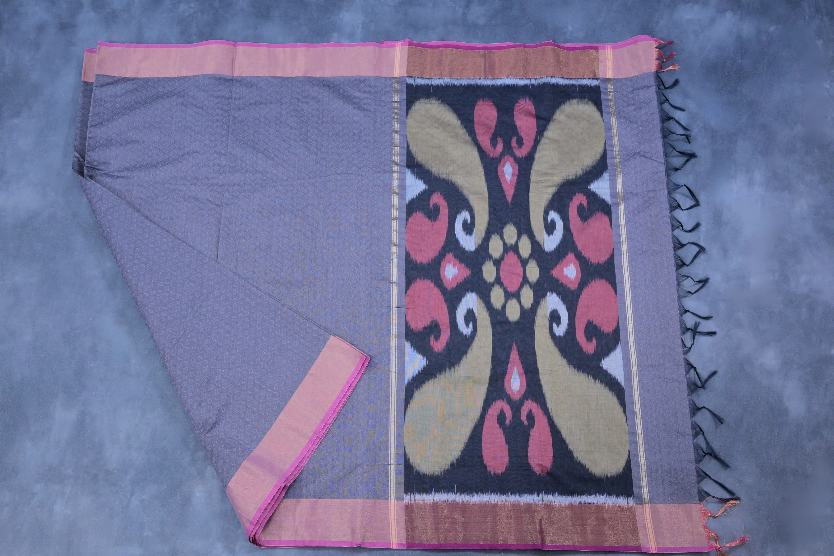 Premium Soft Cotton Saree With Pochampally Ikkat Pallu & Zari Border