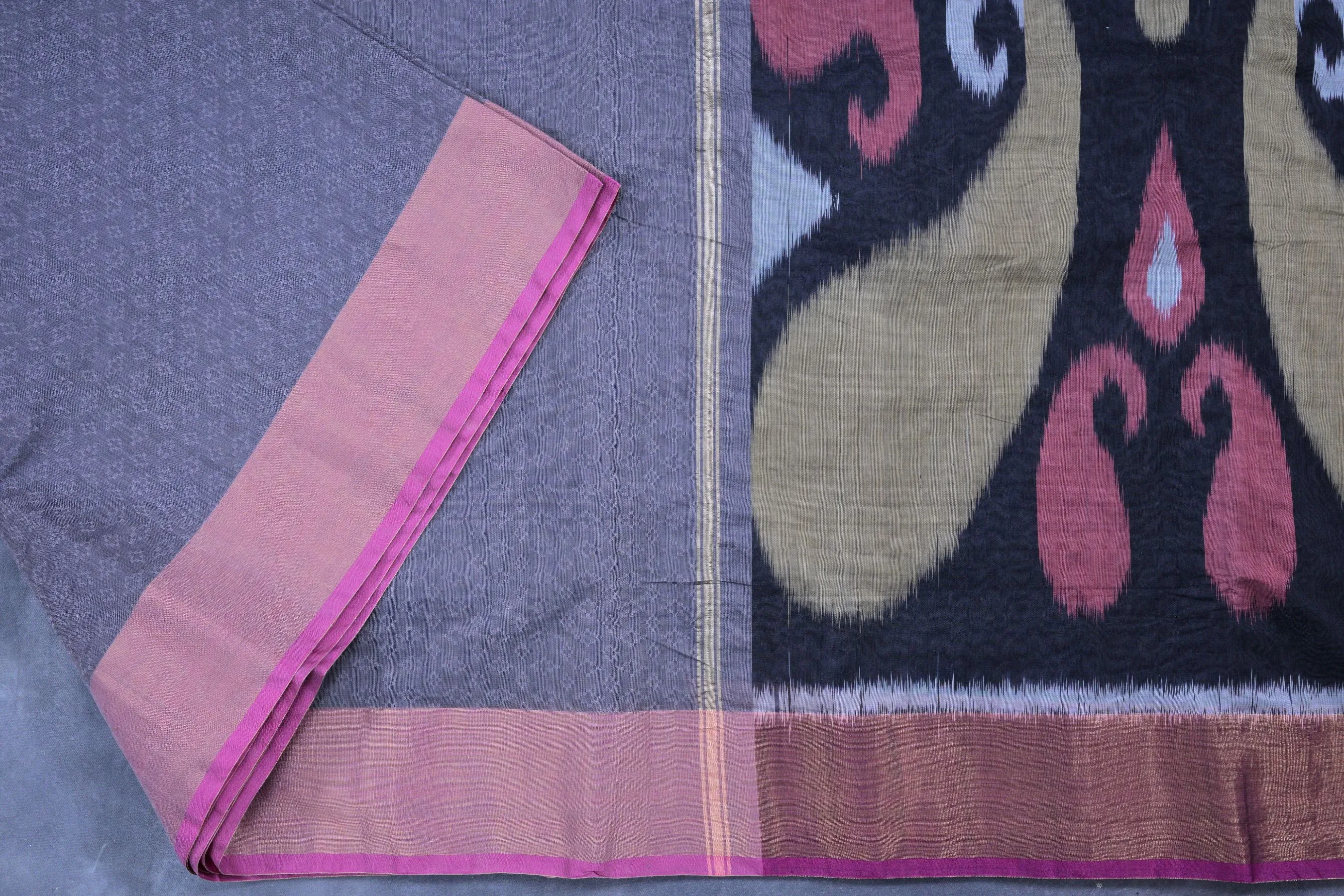 Premium Soft Cotton Saree With Pochampally Ikkat Pallu & Zari Border
