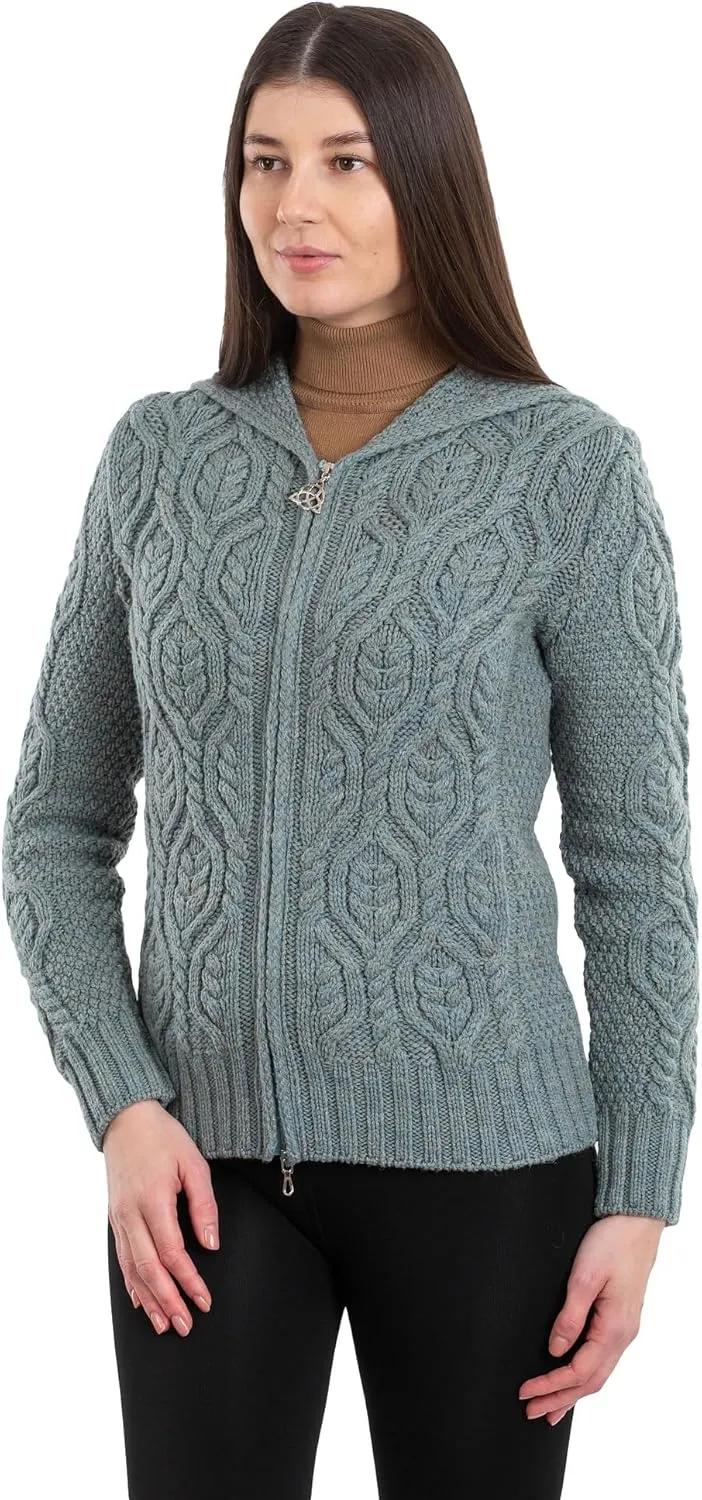 SAOL Womens Hooded Zip Cardigan  Pure Merino Wool Irish Sweater  Warm & Breathable Outer Layer