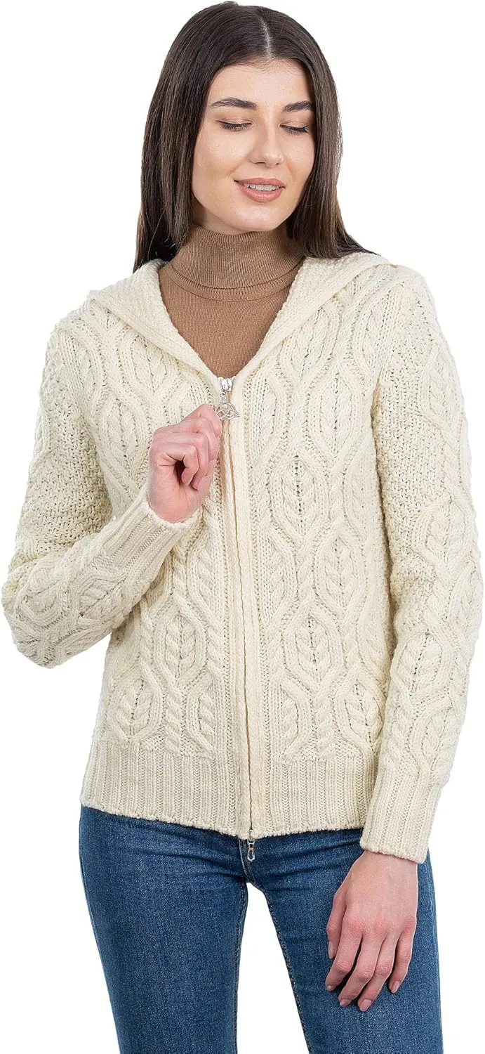 SAOL Womens Hooded Zip Cardigan  Pure Merino Wool Irish Sweater  Warm & Breathable Outer Layer