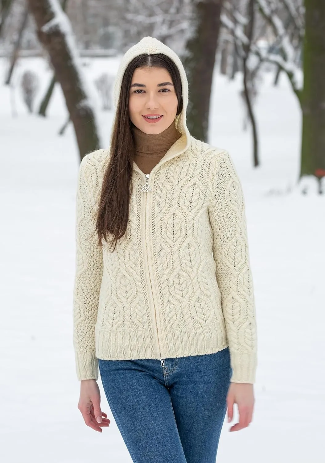 SAOL Womens Hooded Zip Cardigan  Pure Merino Wool Irish Sweater  Warm & Breathable Outer Layer