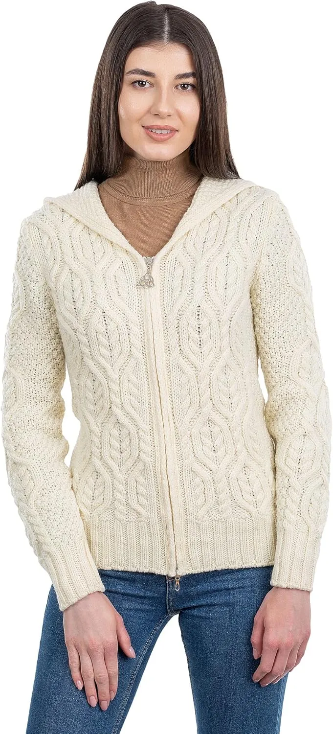 SAOL Womens Hooded Zip Cardigan  Pure Merino Wool Irish Sweater  Warm & Breathable Outer Layer