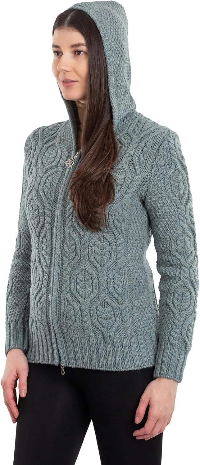 SAOL Womens Hooded Zip Cardigan  Pure Merino Wool Irish Sweater  Warm & Breathable Outer Layer