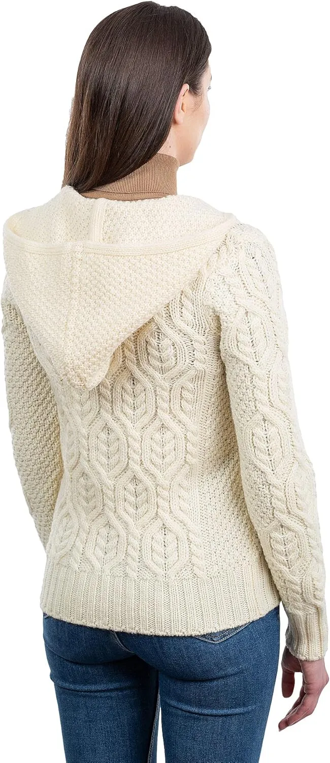 SAOL Womens Hooded Zip Cardigan  Pure Merino Wool Irish Sweater  Warm & Breathable Outer Layer