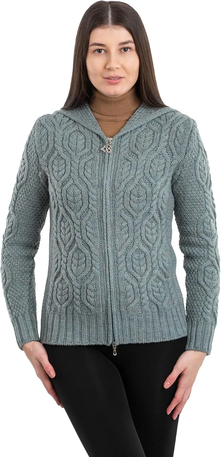 SAOL Womens Hooded Zip Cardigan  Pure Merino Wool Irish Sweater  Warm & Breathable Outer Layer