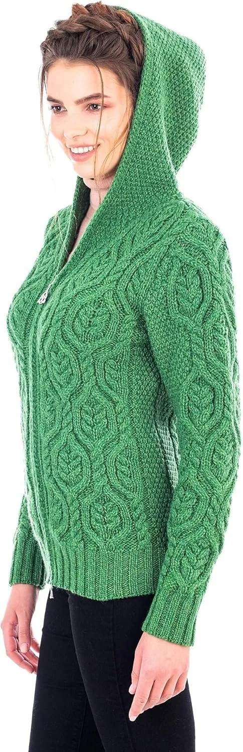 SAOL Womens Hooded Zip Cardigan  Pure Merino Wool Irish Sweater  Warm & Breathable Outer Layer