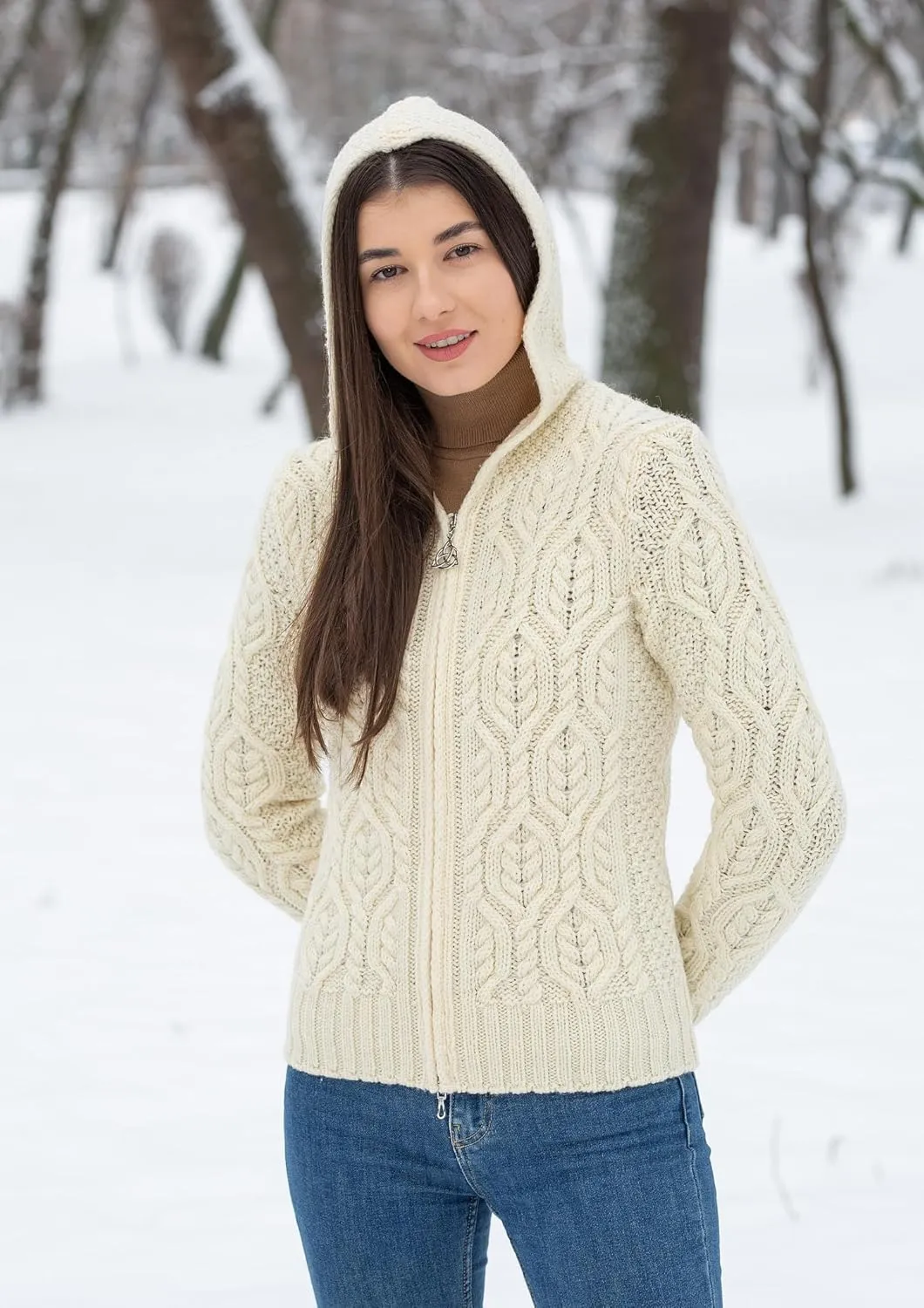 SAOL Womens Hooded Zip Cardigan  Pure Merino Wool Irish Sweater  Warm & Breathable Outer Layer