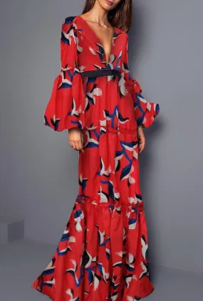 Sexy V-neck Floral Print Maxi Dress