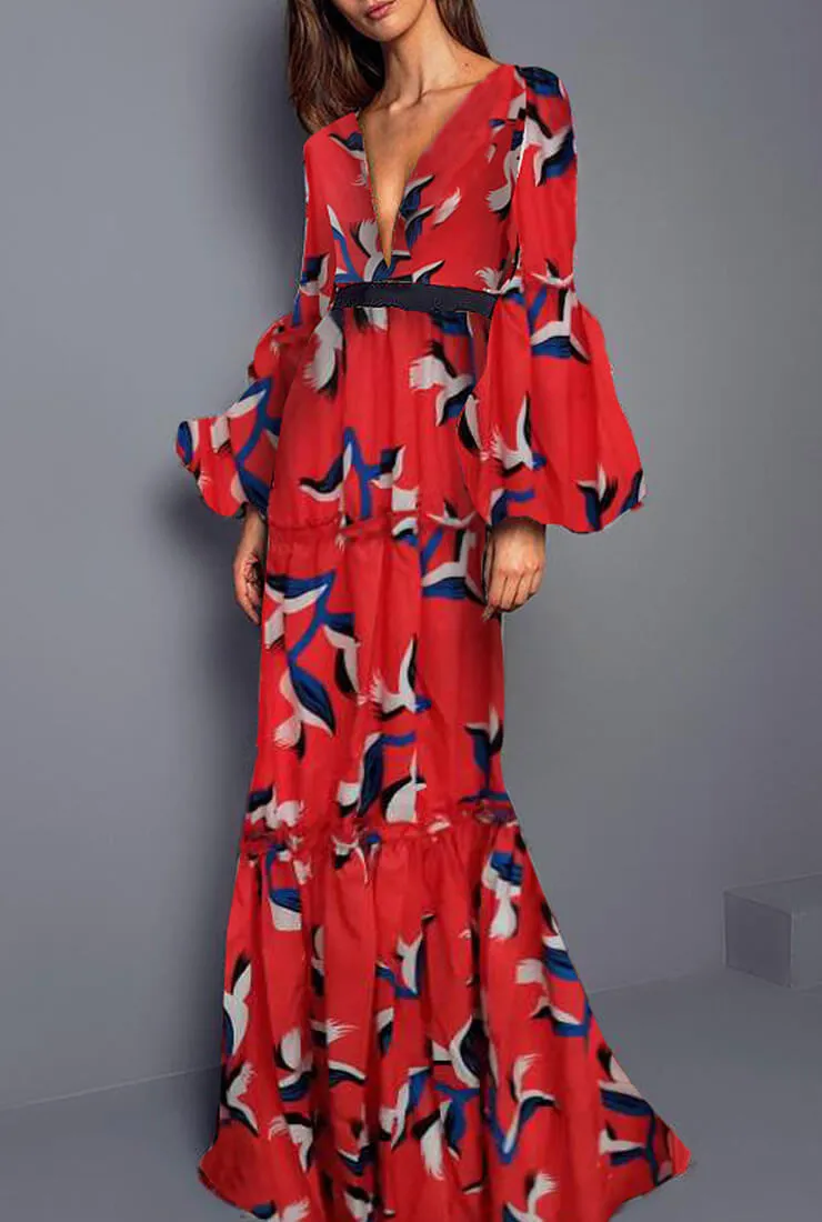 Sexy V-neck Floral Print Maxi Dress