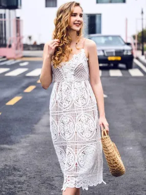 Short White Lace Hollow Out Casual Dress