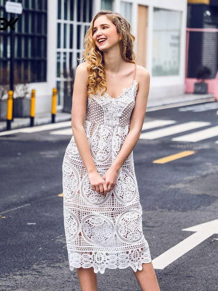 Short White Lace Hollow Out Casual Dress