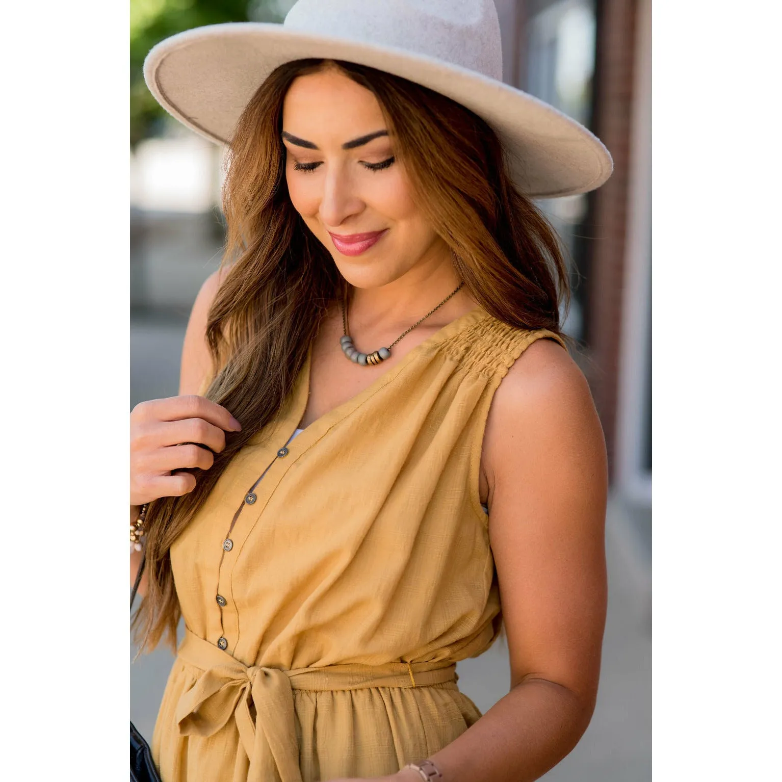 Smocked Accent Button Midi Dress