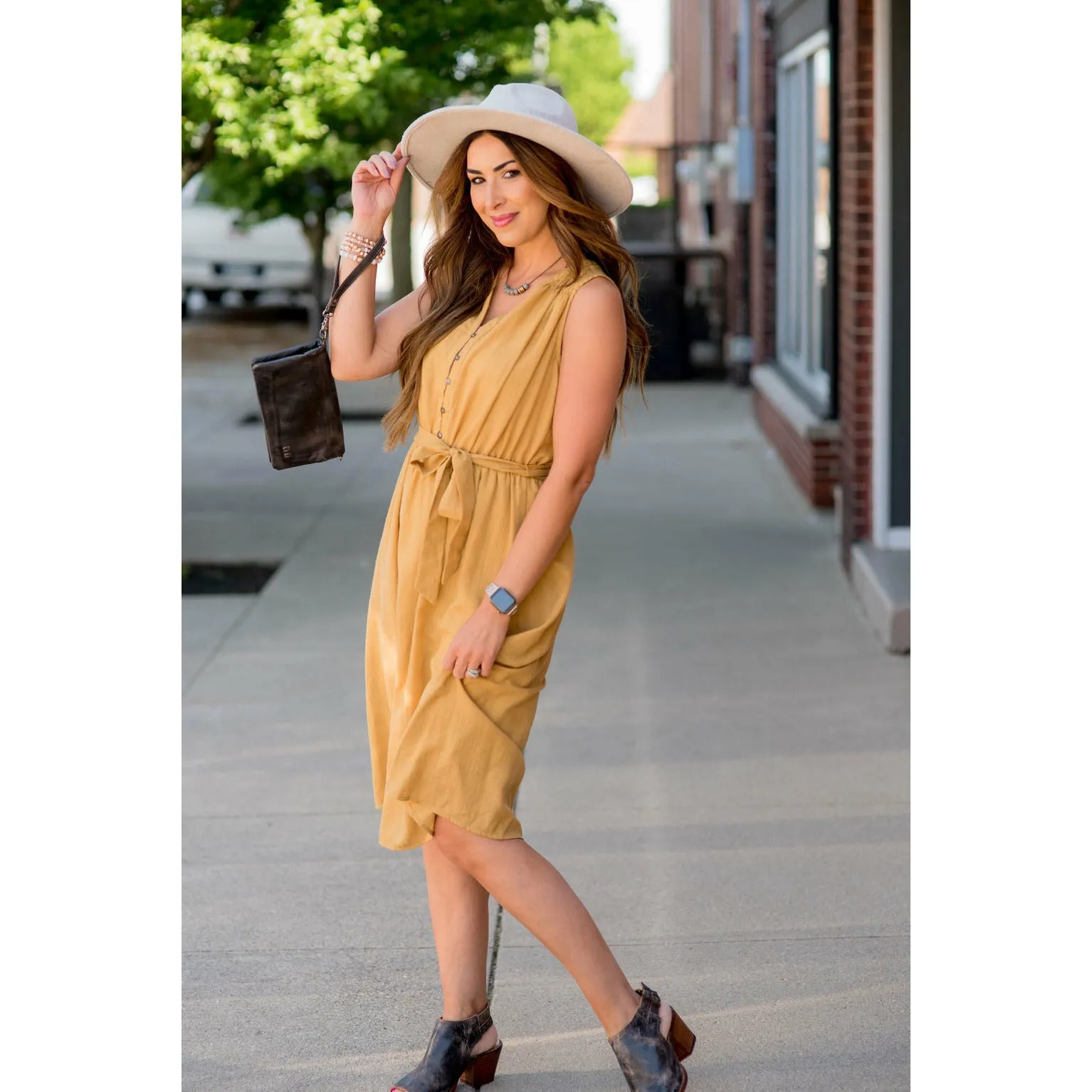 Smocked Accent Button Midi Dress