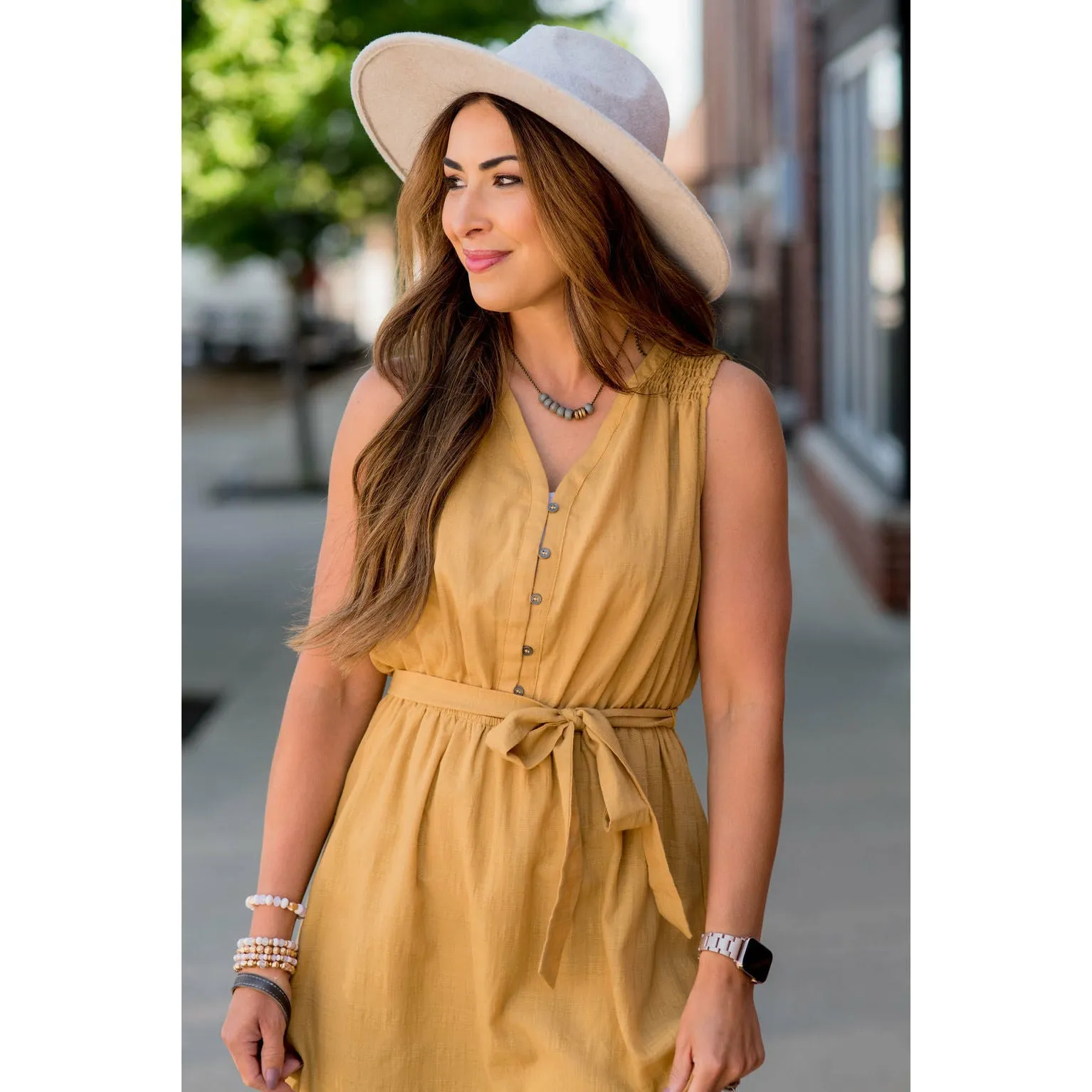 Smocked Accent Button Midi Dress