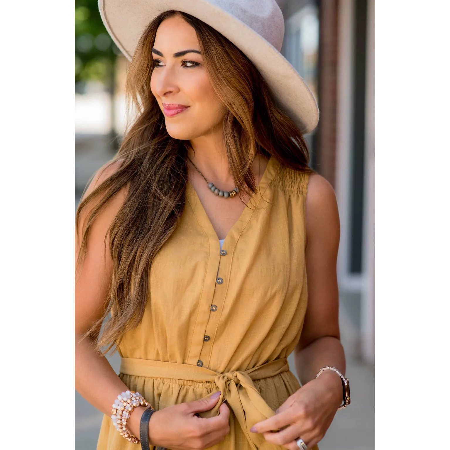 Smocked Accent Button Midi Dress