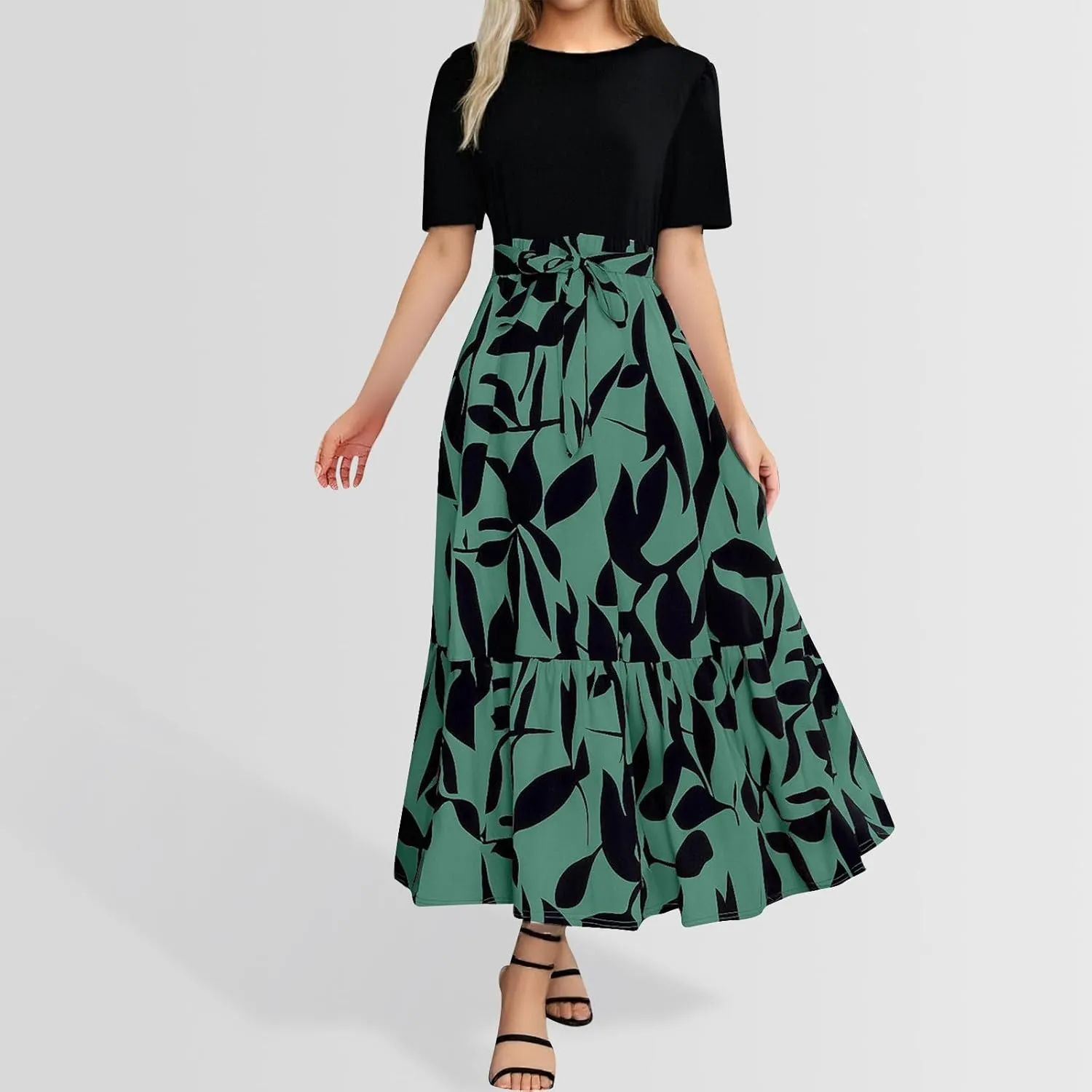 Summer Dresses for Women 2025 Tie Belted Patchwork Ruffle Hem a Line Boho Maxi Dress Crewneck Short Sleeve Long Dress