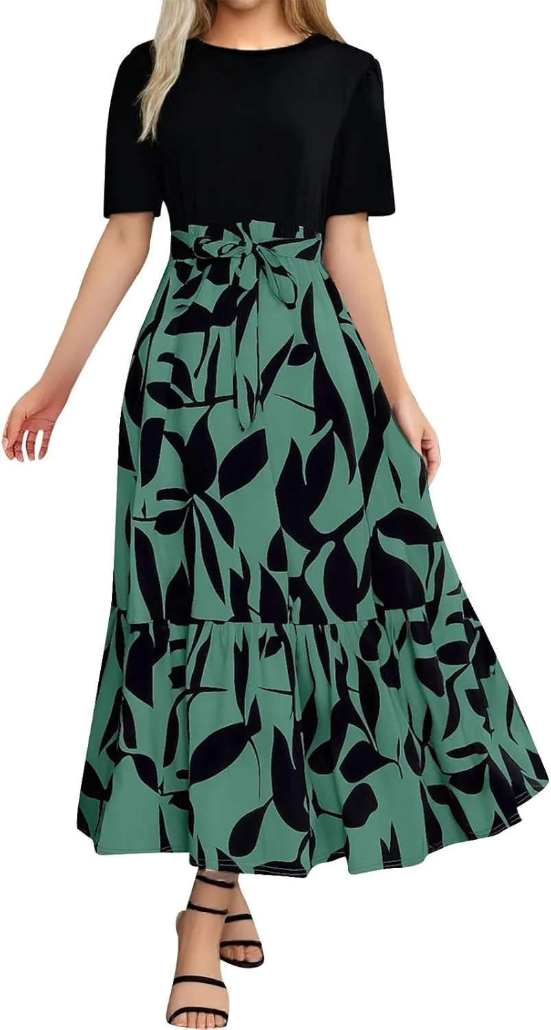 Summer Dresses for Women 2025 Tie Belted Patchwork Ruffle Hem a Line Boho Maxi Dress Crewneck Short Sleeve Long Dress