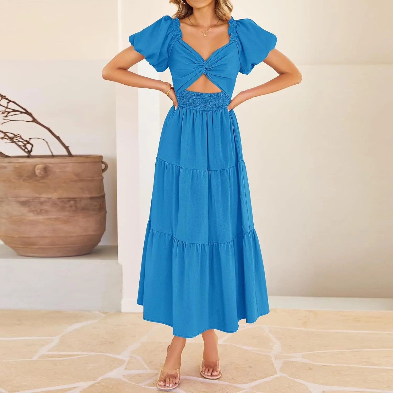 Summer Maxi Smocked Dresses for Women 2025 Vacation Short Puff Sleeve V Neck Cut Out Knot Long Flowy Tiered A Line Dress