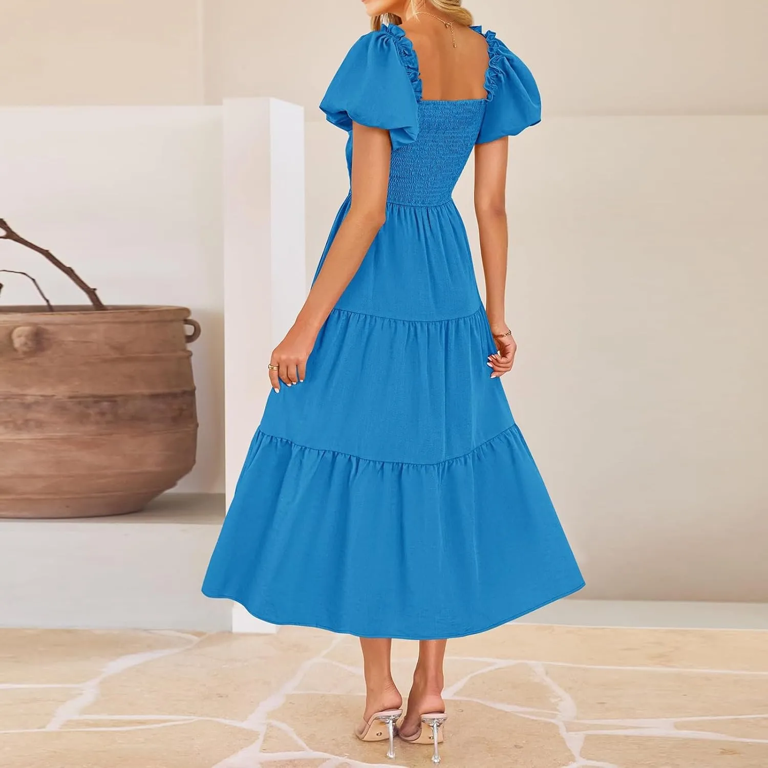 Summer Maxi Smocked Dresses for Women 2025 Vacation Short Puff Sleeve V Neck Cut Out Knot Long Flowy Tiered A Line Dress