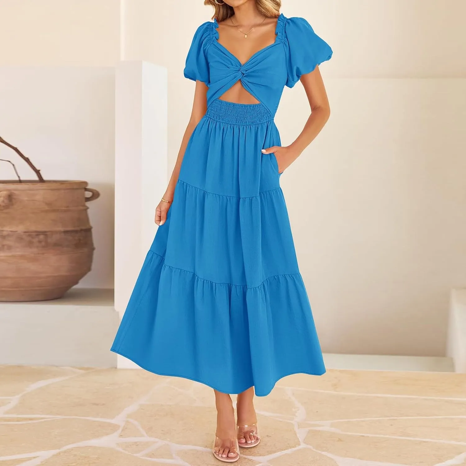 Summer Maxi Smocked Dresses for Women 2025 Vacation Short Puff Sleeve V Neck Cut Out Knot Long Flowy Tiered A Line Dress