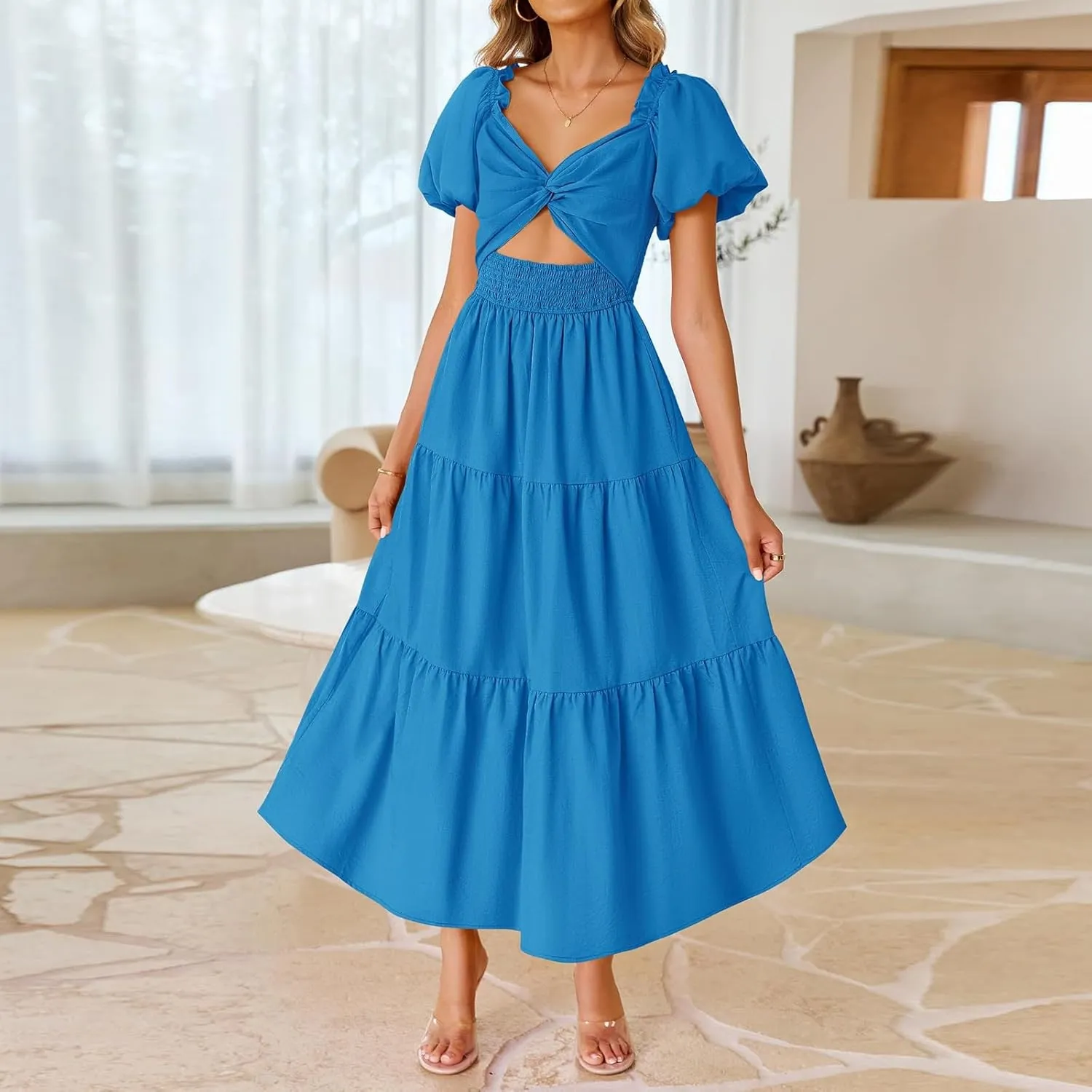 Summer Maxi Smocked Dresses for Women 2025 Vacation Short Puff Sleeve V Neck Cut Out Knot Long Flowy Tiered A Line Dress