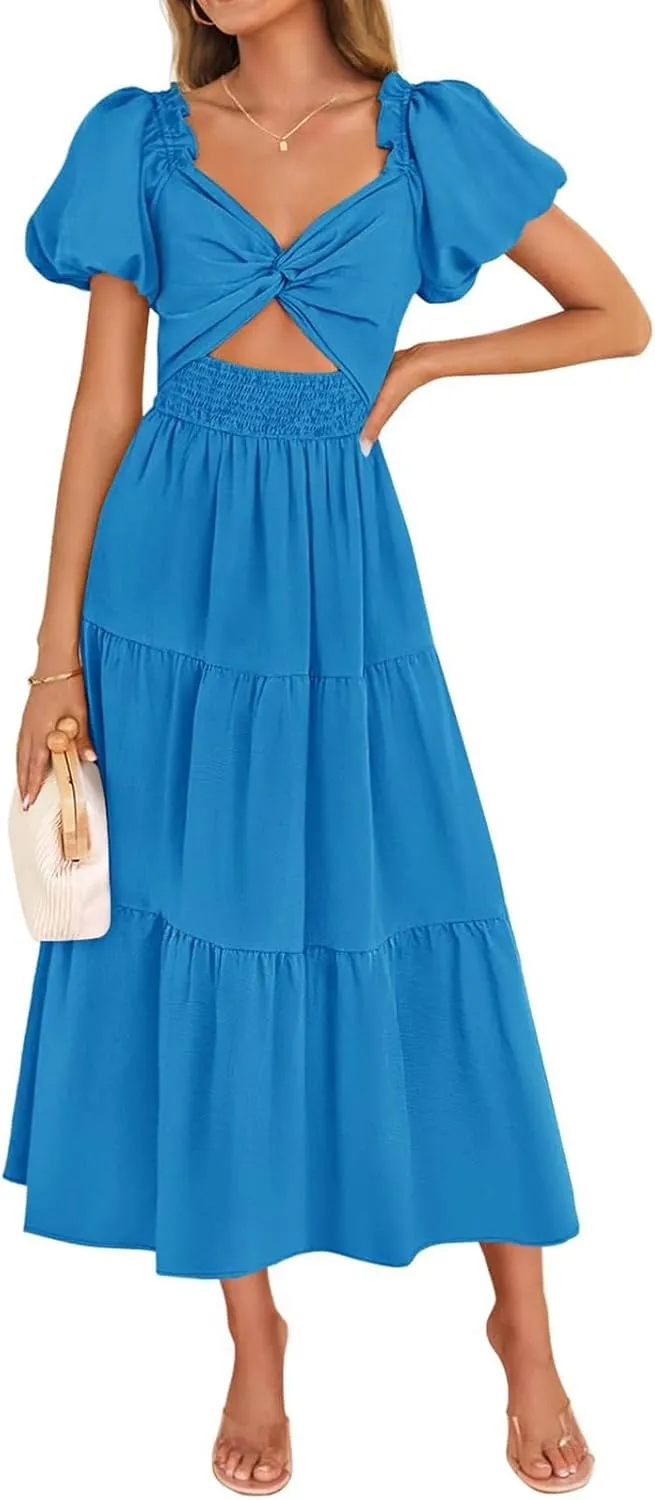 Summer Maxi Smocked Dresses for Women 2025 Vacation Short Puff Sleeve V Neck Cut Out Knot Long Flowy Tiered A Line Dress