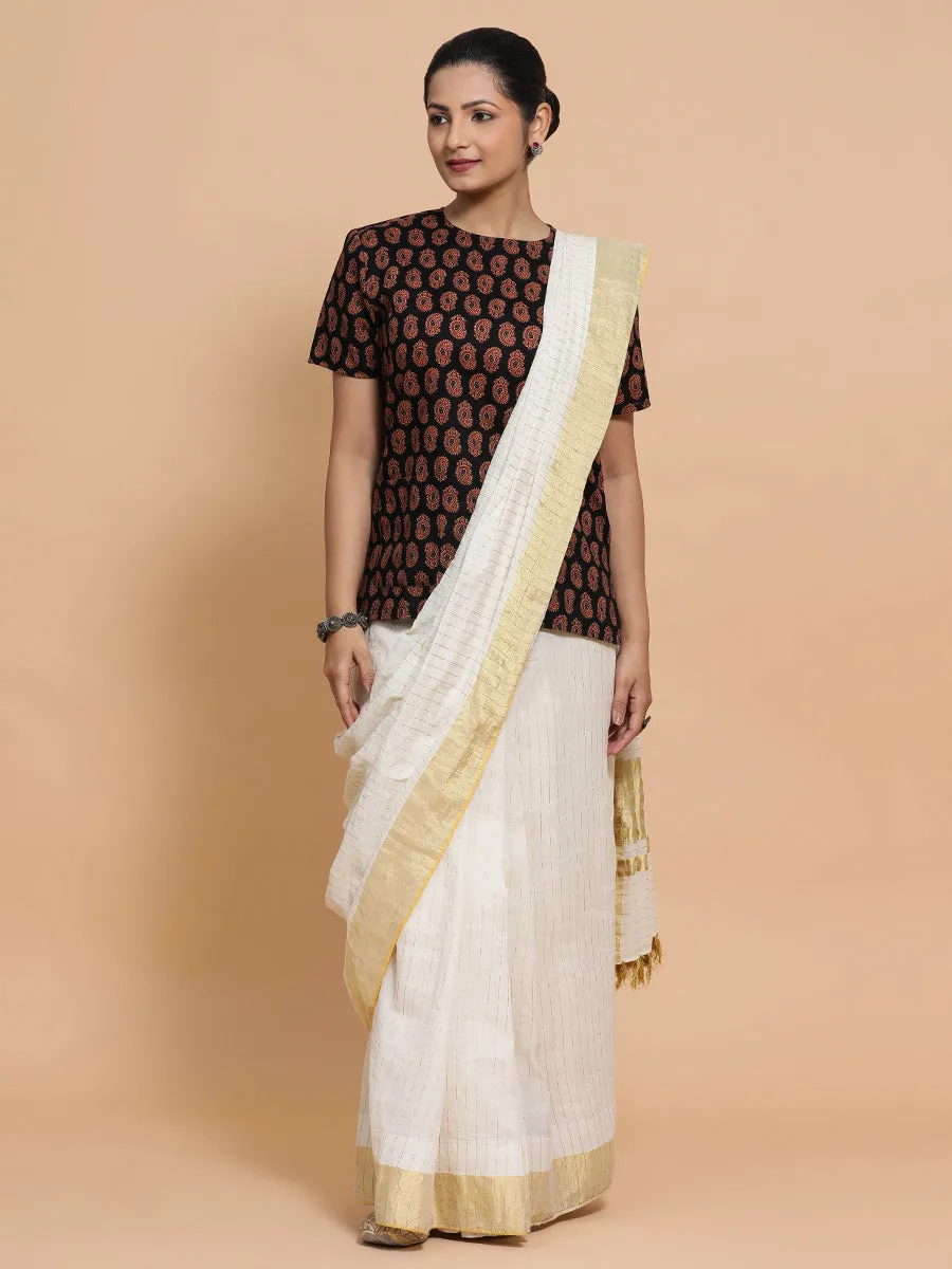 Uditi x Rozaana | Short Sleeves Cotton Saree Blouse in Black Mango Block Print Fabric