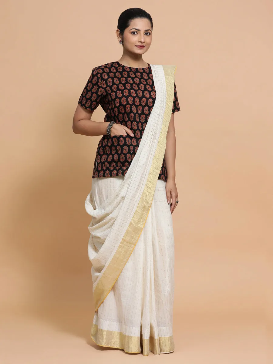 Uditi x Rozaana | Short Sleeves Cotton Saree Blouse in Black Mango Block Print Fabric