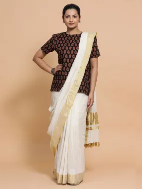 Uditi x Rozaana | Short Sleeves Cotton Saree Blouse in Black Mango Block Print Fabric