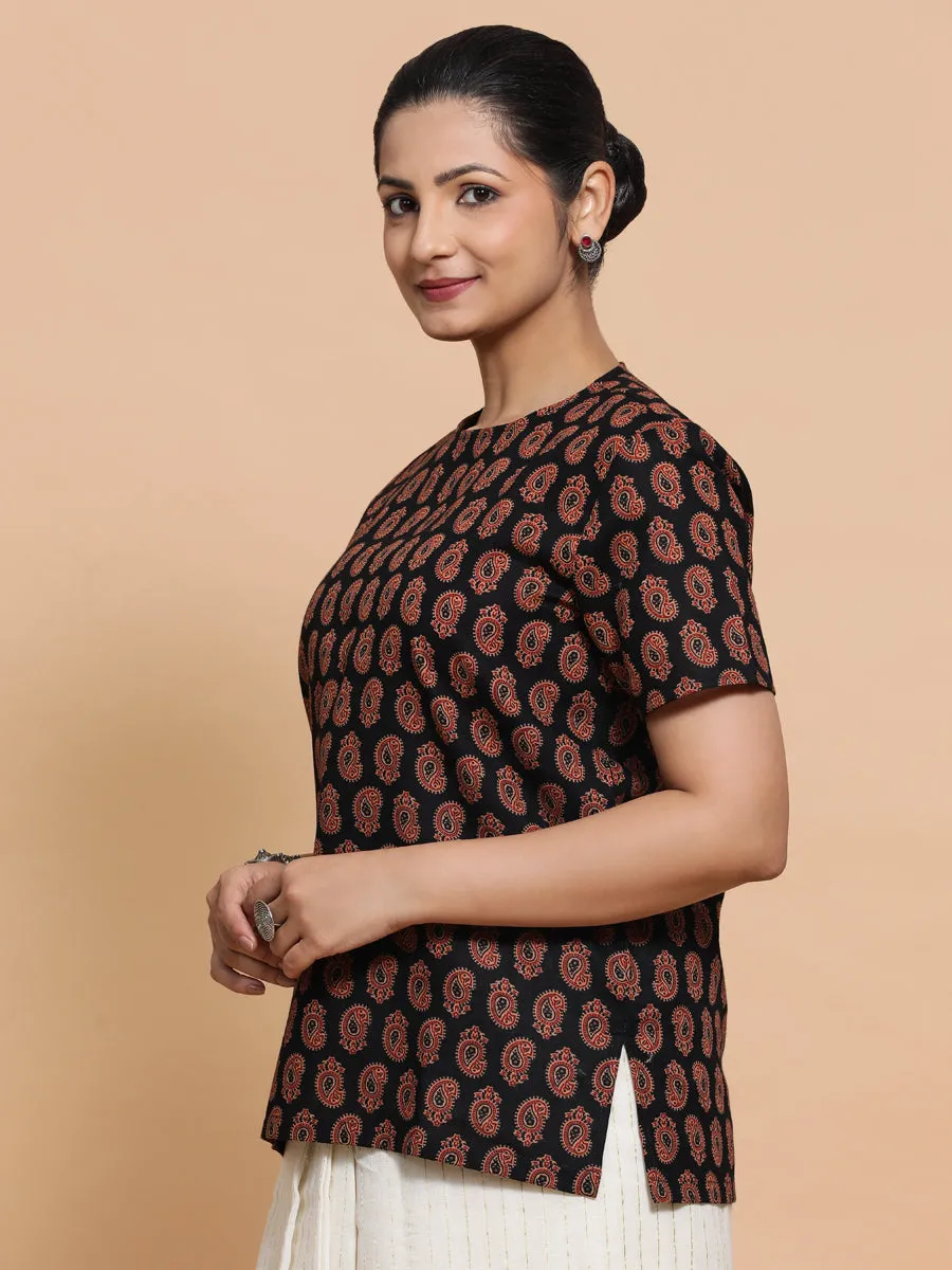 Uditi x Rozaana | Short Sleeves Cotton Saree Blouse in Black Mango Block Print Fabric