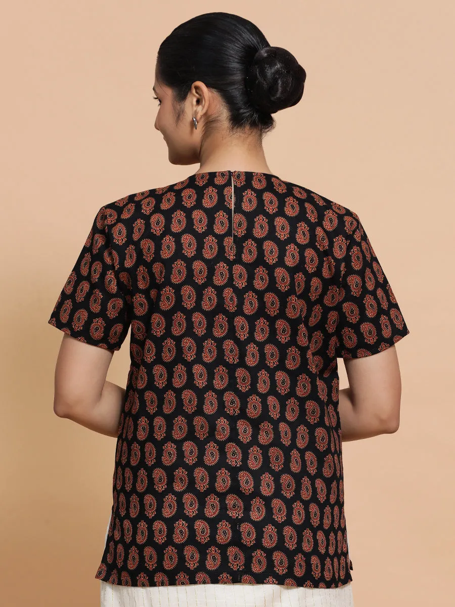 Uditi x Rozaana | Short Sleeves Cotton Saree Blouse in Black Mango Block Print Fabric