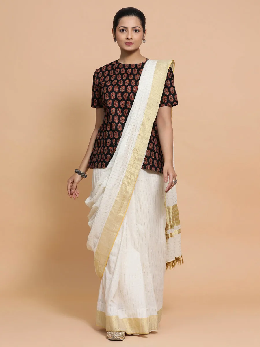 Uditi x Rozaana | Short Sleeves Cotton Saree Blouse in Black Mango Block Print Fabric