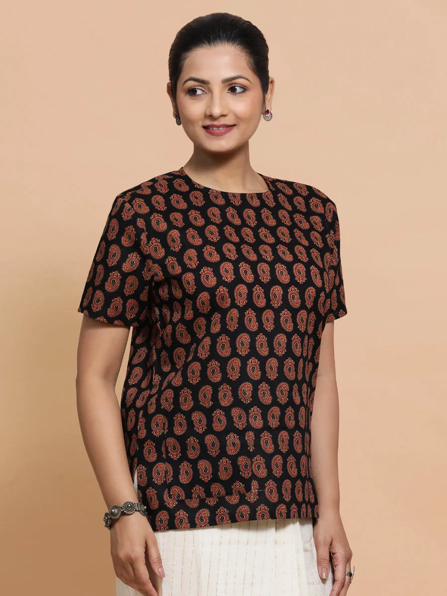 Uditi x Rozaana | Short Sleeves Cotton Saree Blouse in Black Mango Block Print Fabric