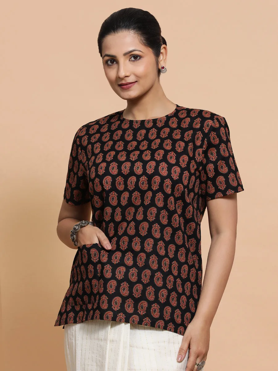 Uditi x Rozaana | Short Sleeves Cotton Saree Blouse in Black Mango Block Print Fabric