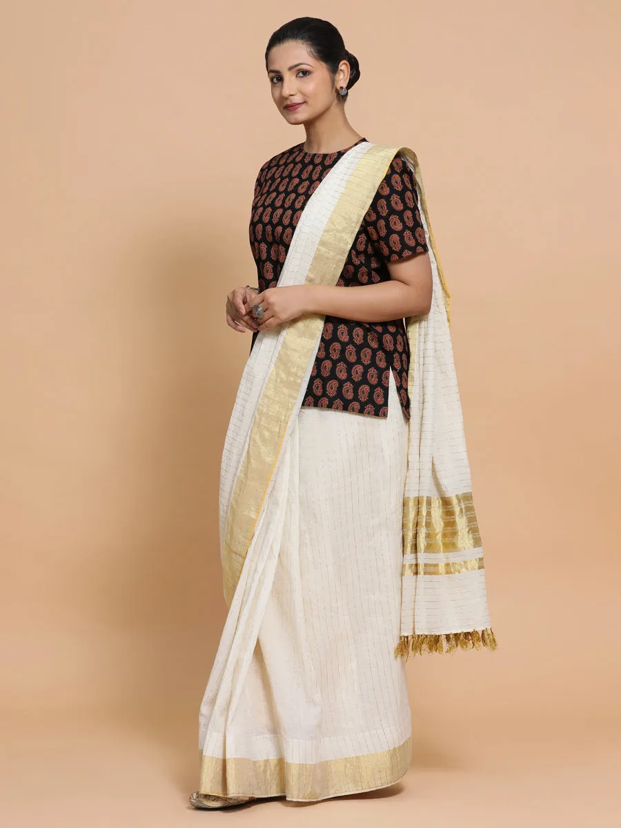 Uditi x Rozaana | Short Sleeves Cotton Saree Blouse in Black Mango Block Print Fabric