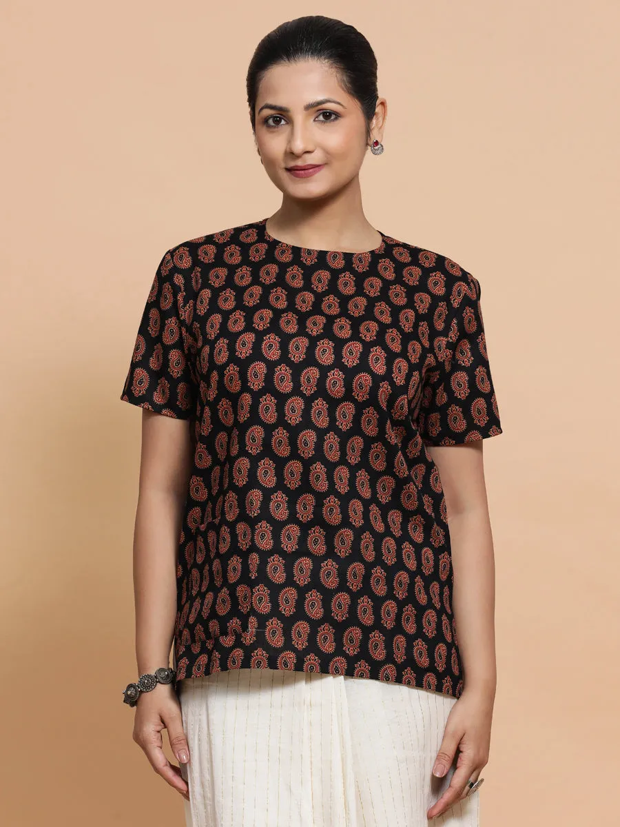 Uditi x Rozaana | Short Sleeves Cotton Saree Blouse in Black Mango Block Print Fabric