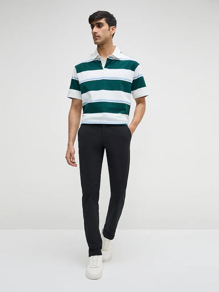 WES Casuals Green Colour-Blocked Relaxed-Fit Cotton-Blend Polo T-Shirt