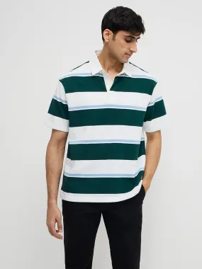 WES Casuals Green Colour-Blocked Relaxed-Fit Cotton-Blend Polo T-Shirt